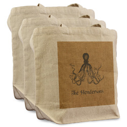 Octopus & Burlap Print Reusable Cotton Grocery Bags - Set of 3 (Personalized)