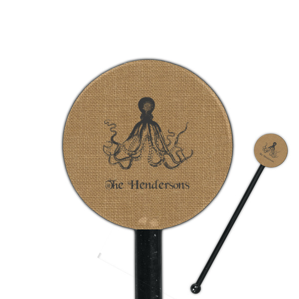 Custom Octopus & Burlap Print 5.5" Round Plastic Stir Sticks - Black - Single Sided (Personalized)