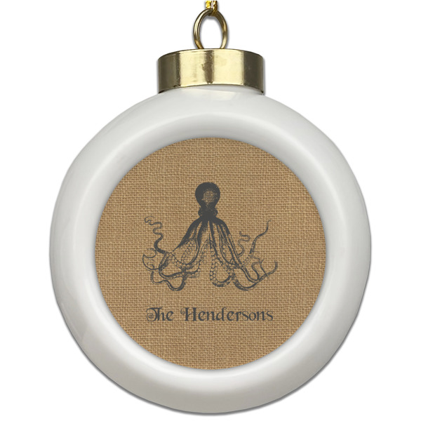 Custom Octopus & Burlap Print Ceramic Ball Ornament (Personalized)