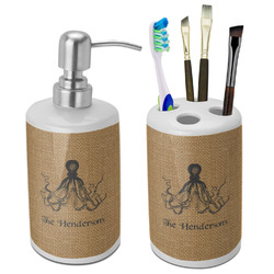 Octopus & Burlap Print Ceramic Bathroom Accessories Set (Personalized)