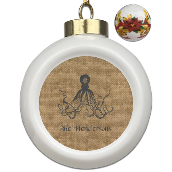 Custom Octopus & Burlap Print Ceramic Ball Ornaments - Poinsettia Garland (Personalized)