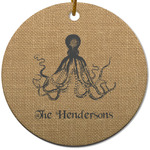 Octopus & Burlap Print Round Ceramic Ornament w/ Name or Text