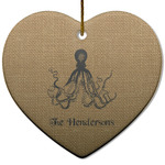 Octopus & Burlap Print Heart Ceramic Ornament w/ Name or Text