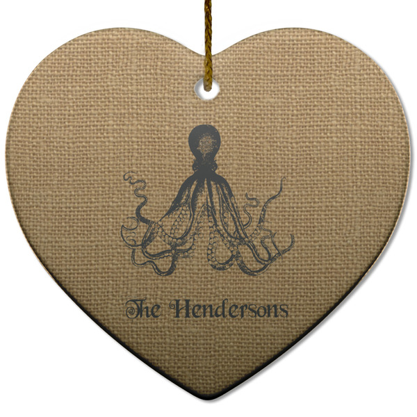 Custom Octopus & Burlap Print Heart Ceramic Ornament w/ Name or Text