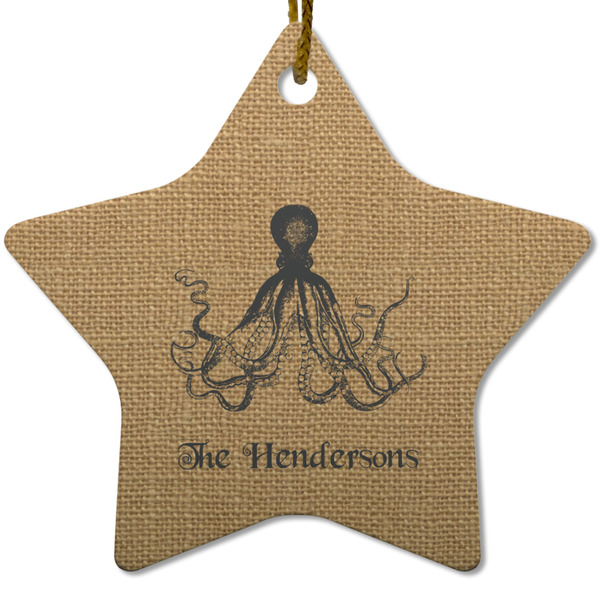 Custom Octopus & Burlap Print Star Ceramic Ornament w/ Name or Text