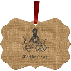 Octopus & Burlap Print Metal Frame Ornament - Double Sided w/ Name or Text