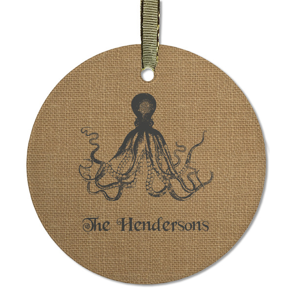 Custom Octopus & Burlap Print Flat Glass Ornament - Round w/ Name or Text