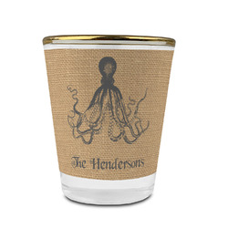 Octopus & Burlap Print Glass Shot Glass - 1.5 oz - with Gold Rim - Single (Personalized)