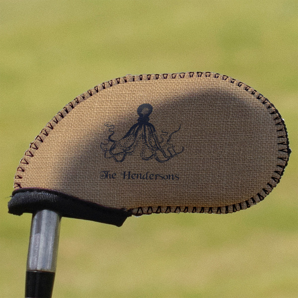 Custom Octopus & Burlap Print Golf Club Iron Cover - Single (Personalized)