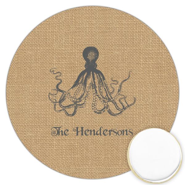 Custom Octopus & Burlap Print Printed Cookie Topper - 3.25" (Personalized)