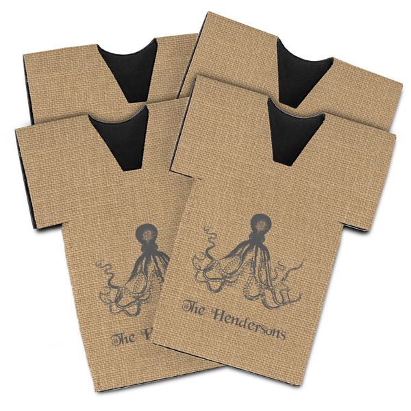 Custom Octopus & Burlap Print Jersey Bottle Cooler - Set of 4 (Personalized)