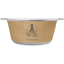 Octopus & Burlap Print Stainless Steel Dog Bowl (Personalized)