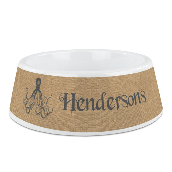 Custom Octopus & Burlap Print Plastic Dog Bowl (Personalized)