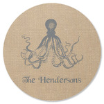 Octopus & Burlap Print Round Rubber Backed Coaster (Personalized)