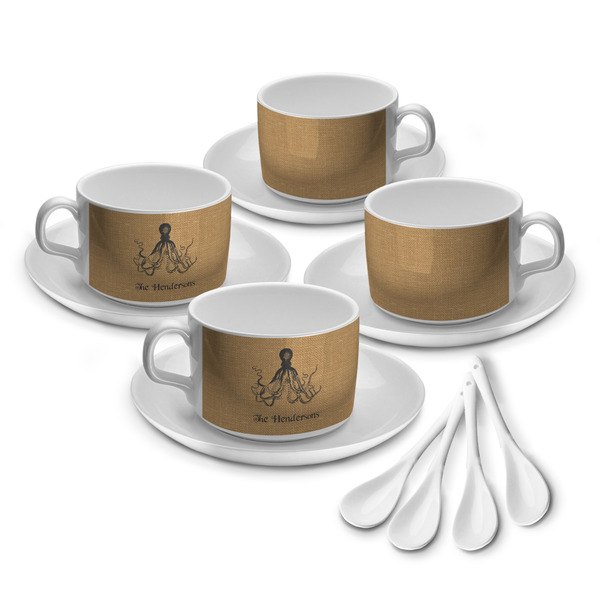 Custom Octopus & Burlap Print Tea Cup - Set of 4 (Personalized)