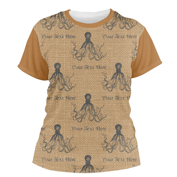 Custom Octopus & Burlap Print Women's Crew T-Shirt - Small (Personalized)