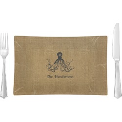 Octopus & Burlap Print Rectangular Glass Lunch / Dinner Plate - Single or Set (Personalized)