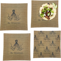 Octopus & Burlap Print Set of 4 Glass Square Lunch / Dinner Plate 9.5" (Personalized)