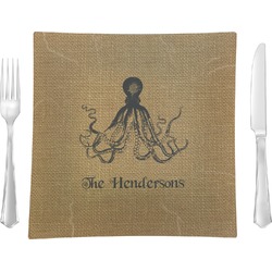 Octopus & Burlap Print Glass Square Lunch / Dinner Plate 9.5" (Personalized)