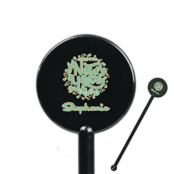 Custom Happy New Year 5.5" Round Plastic Stir Sticks - Black - Single Sided (Personalized)