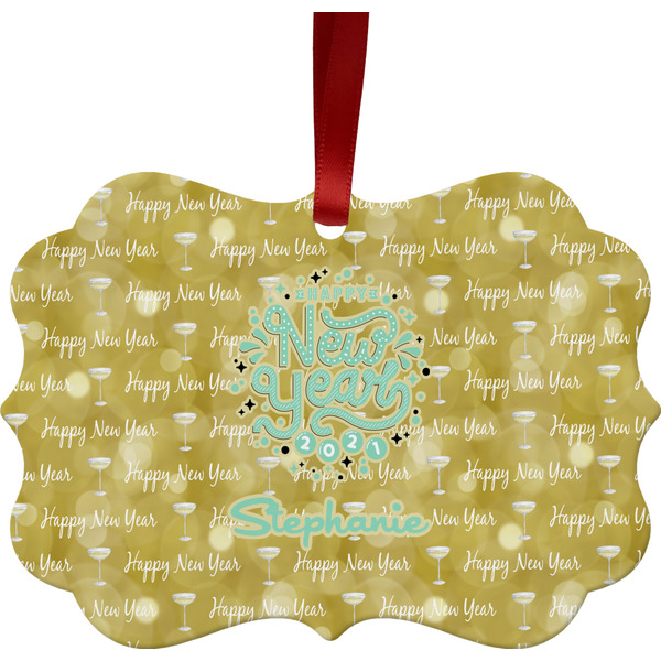 Custom Happy New Year Metal Frame Ornament - Double Sided w/ Name or Text