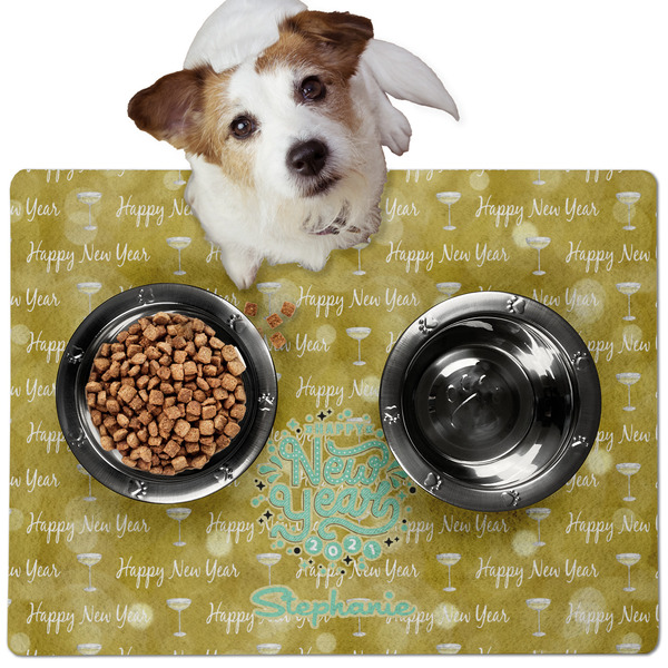 Custom Happy New Year Dog Food Mat - Medium w/ Name or Text