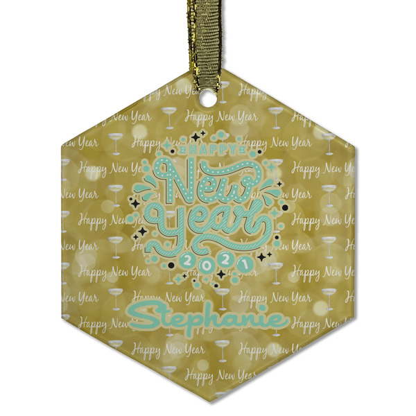 Custom Happy New Year Flat Glass Ornament - Hexagon w/ Name or Text