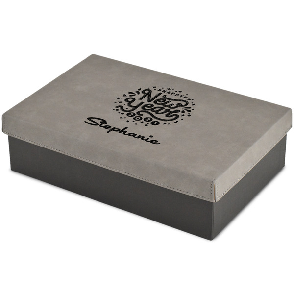 Custom Happy New Year Large Gift Box w/ Engraved Leather Lid (Personalized)