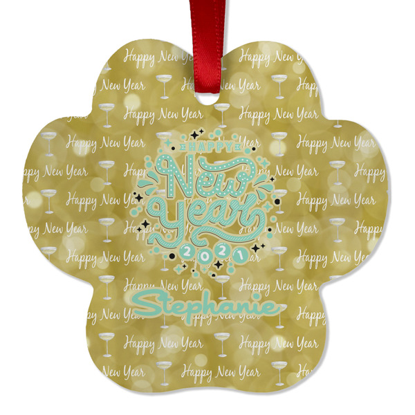 Custom Happy New Year Metal Paw Ornament - Double Sided w/ Name or Text