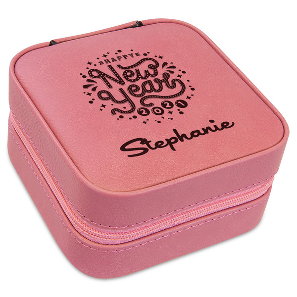 Custom Happy New Year Travel Jewelry Boxes - Pink Leather (Personalized)