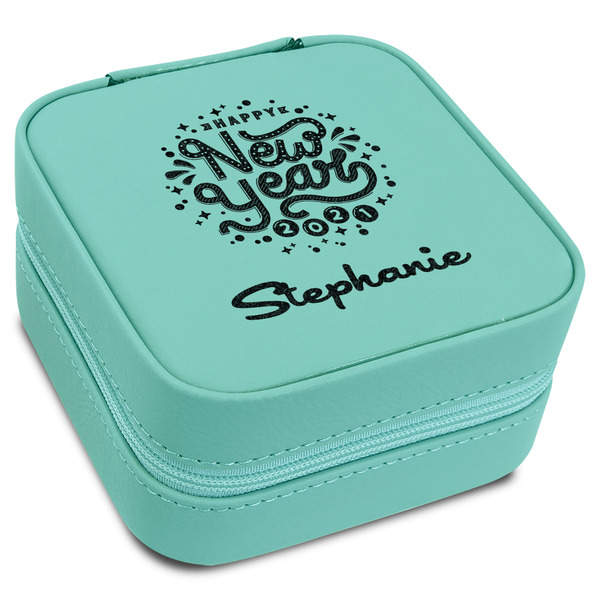 Custom Happy New Year Travel Jewelry Box - Teal Leather (Personalized)