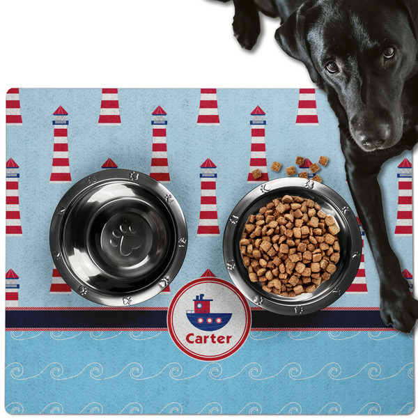 Custom Light House & Waves Dog Food Mat - Large w/ Name or Text