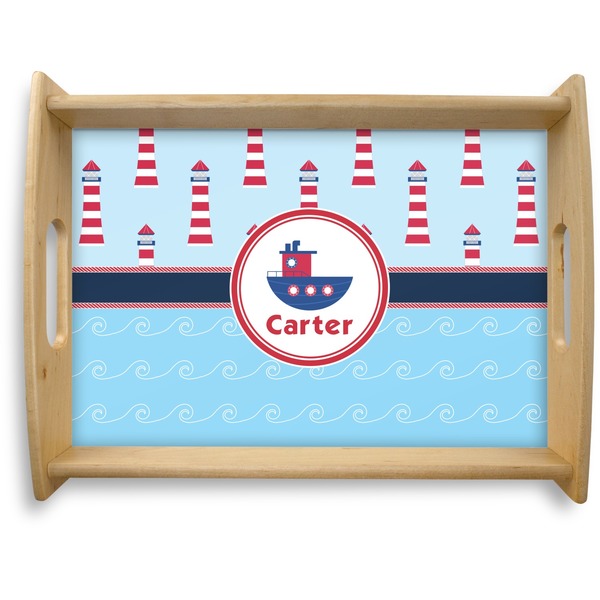 Custom Light House & Waves Natural Wooden Tray - Large (Personalized)