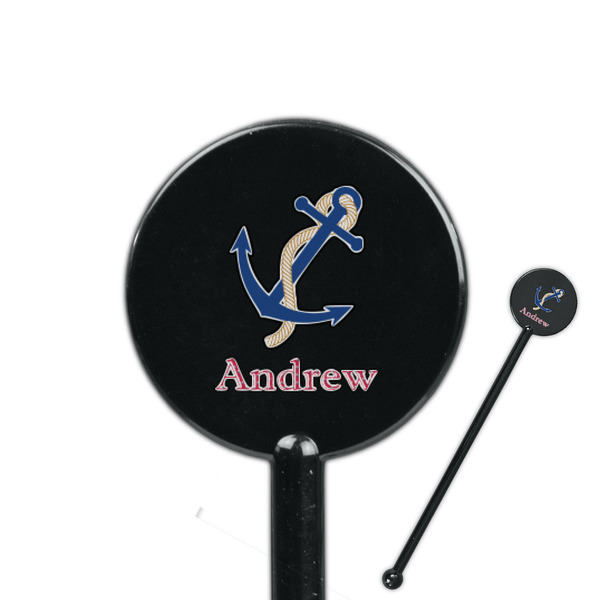 Custom Sail Boats & Stripes 5.5" Round Plastic Stir Sticks - Black - Double Sided (Personalized)