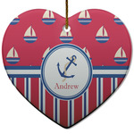 Sail Boats & Stripes Heart Ceramic Ornament w/ Name or Text