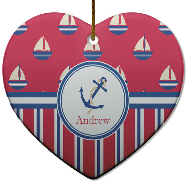 Custom Sail Boats & Stripes Heart Ceramic Ornament w/ Name or Text