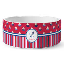 Sail Boats & Stripes Ceramic Dog Bowl - Large (Personalized)