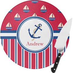 Sail Boats & Stripes Round Glass Cutting Board (Personalized)