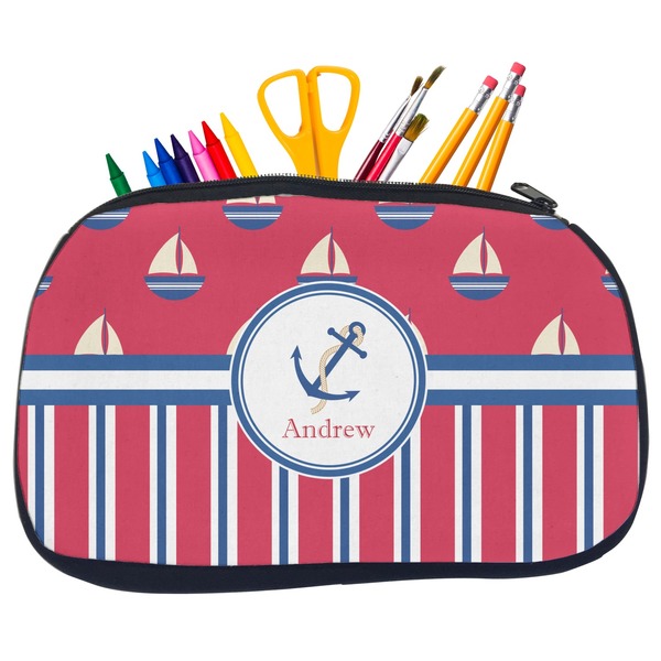 Custom Sail Boats & Stripes Neoprene Pencil Case - Medium w/ Name or Text