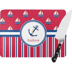 Sail Boats & Stripes Rectangular Glass Cutting Board - Large - 15.25"x11.25" w/ Name or Text