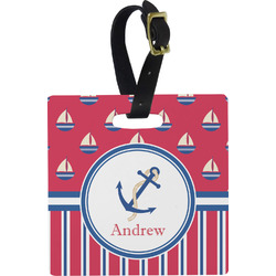 Sail Boats & Stripes Plastic Luggage Tag - Square w/ Name or Text