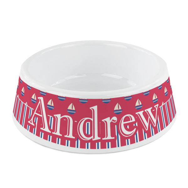 Custom Sail Boats & Stripes Plastic Dog Bowl - Small (Personalized)