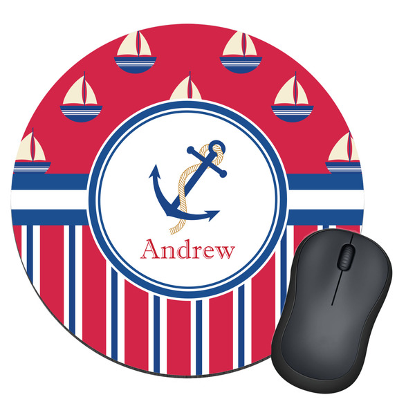 Custom Sail Boats & Stripes Round Mouse Pad (Personalized)