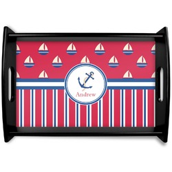 Sail Boats & Stripes Black Wooden Tray - Small (Personalized)
