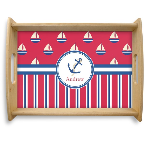 Custom Sail Boats & Stripes Natural Wooden Tray - Large (Personalized)