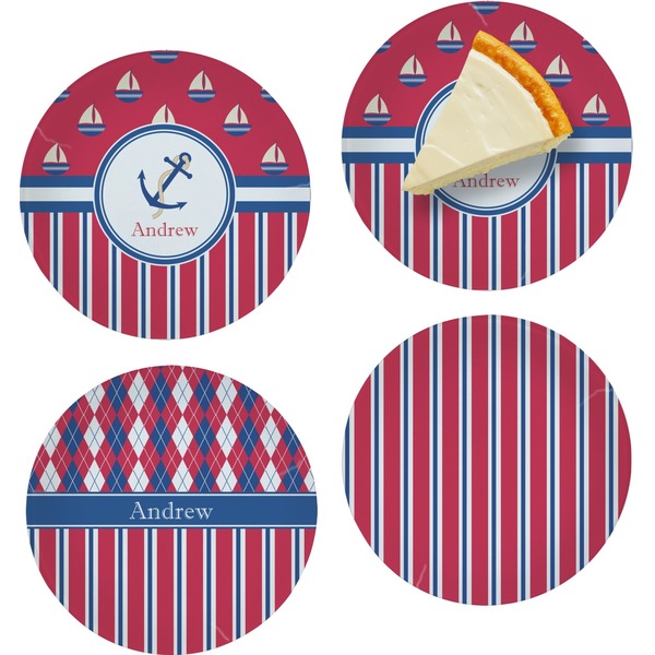 Custom Sail Boats & Stripes Set of 4 Glass Appetizer / Dessert Plate 8" (Personalized)