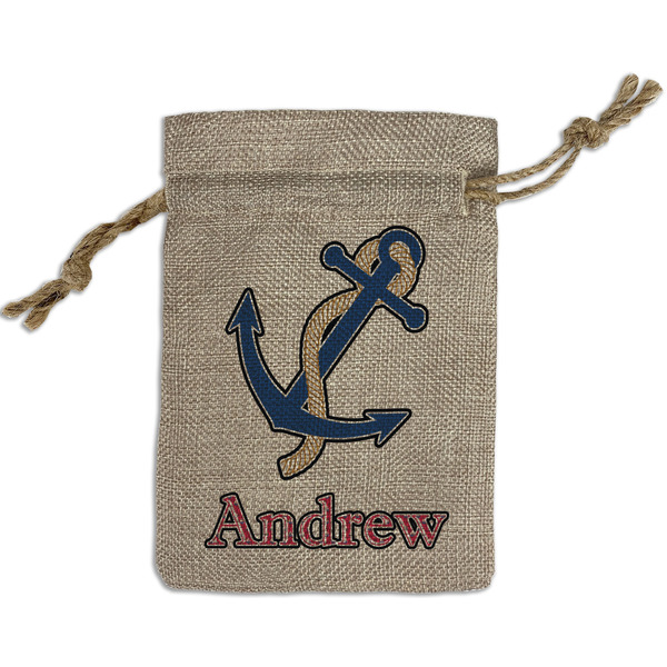 Custom Sail Boats & Stripes Small Burlap Gift Bag - Front (Personalized)