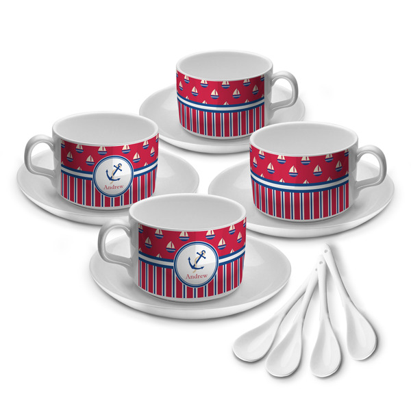 Custom Sail Boats & Stripes Tea Cup - Set of 4 (Personalized)