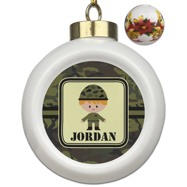 Custom Green Camo Ceramic Ball Ornaments - Poinsettia Garland (Personalized)