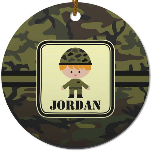 Custom Green Camo Round Ceramic Ornament w/ Name or Text